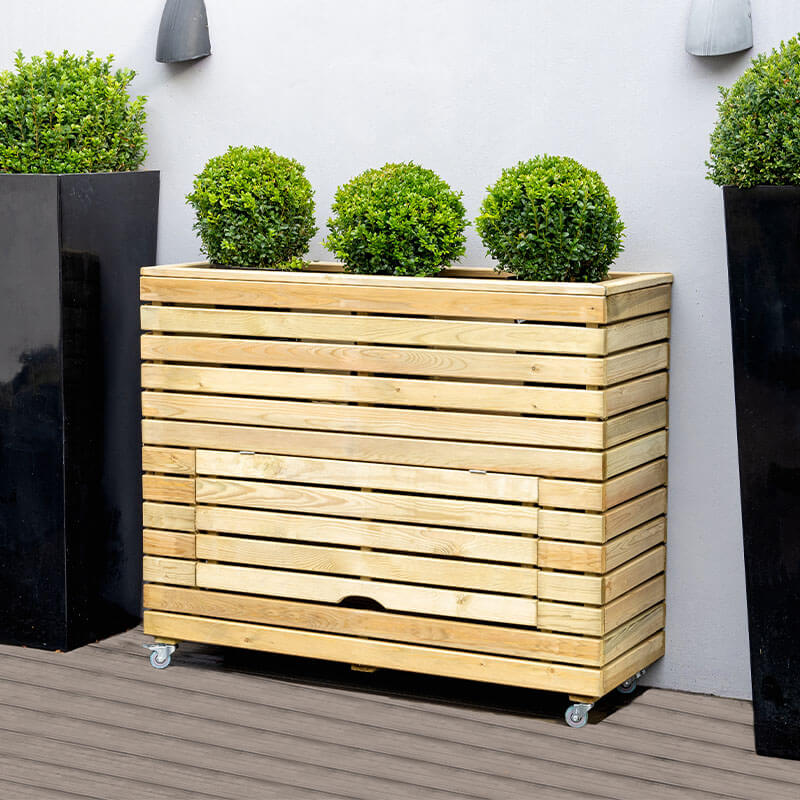 Product photograph of 3 11 X 1 4 Forest Linear Tall Wooden Garden Planter With Storage And Wheels 1 2m X 0 4m from Buy Sheds Direct