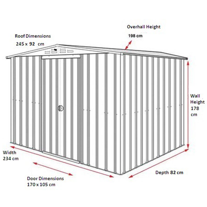 8' x 3' Globel Heritage Green Apex Metal Shed (2.45m x 0.92m) Technical Drawing