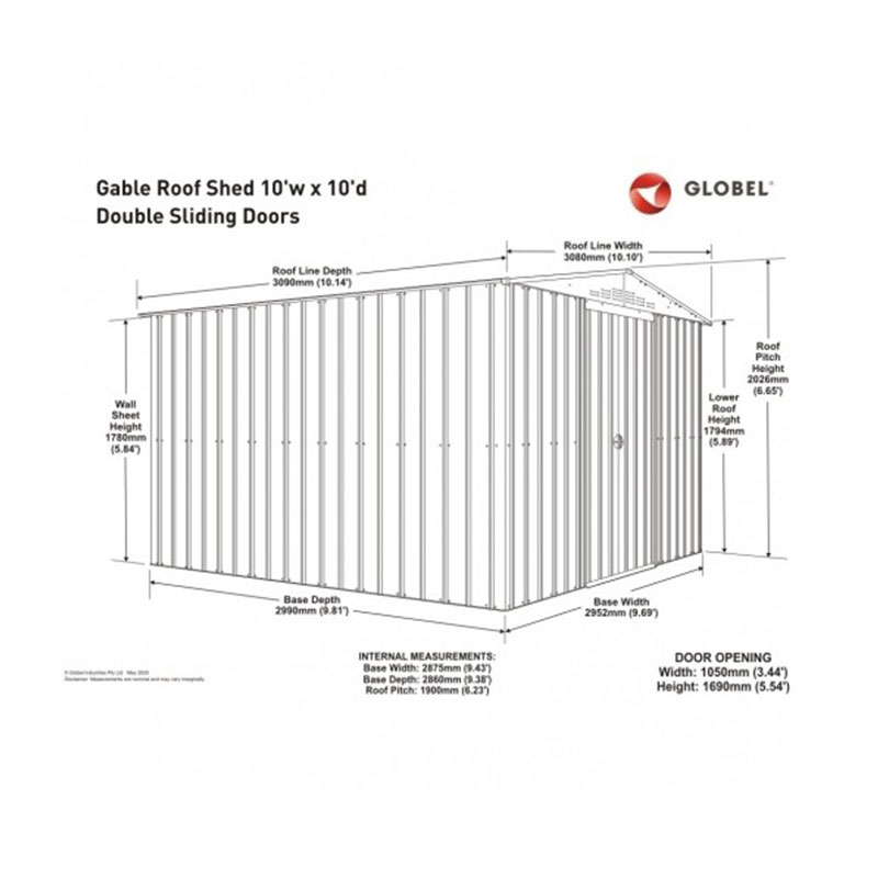 10' x 10' Globel Anthracite Grey Apex Metal Shed (3.08m x 3.09m) Technical Drawing
