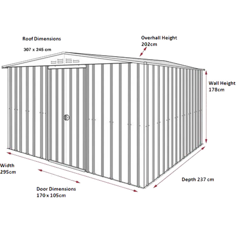 10' x 8' Globel Heritage Green Apex Metal Shed (3.07 x 2.47m) Technical Drawing