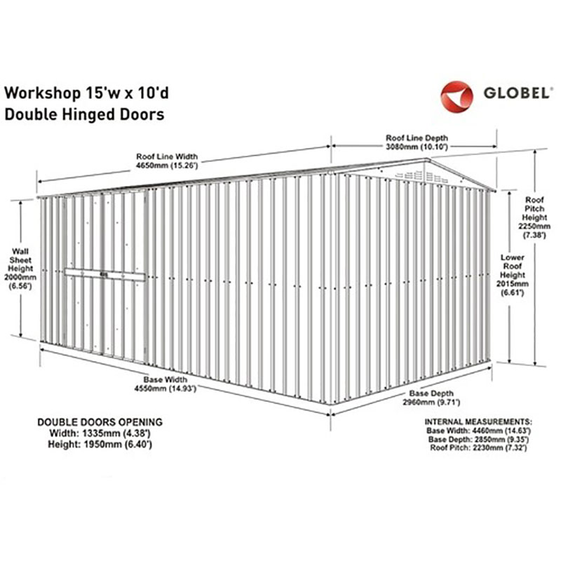 10' x 15' Globel Anthracite Grey Double Door Metal Workshop (3.07m x 4.64m) Technical Drawing