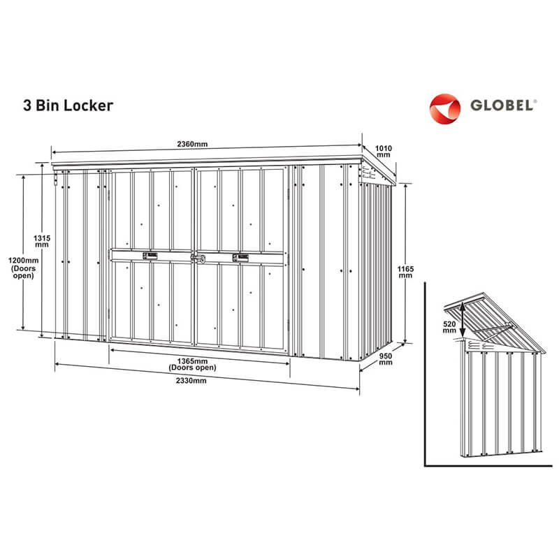 Globel 8' x 3' Metal Triple Bin Store (2.1m x 0.9m) Technical Drawing