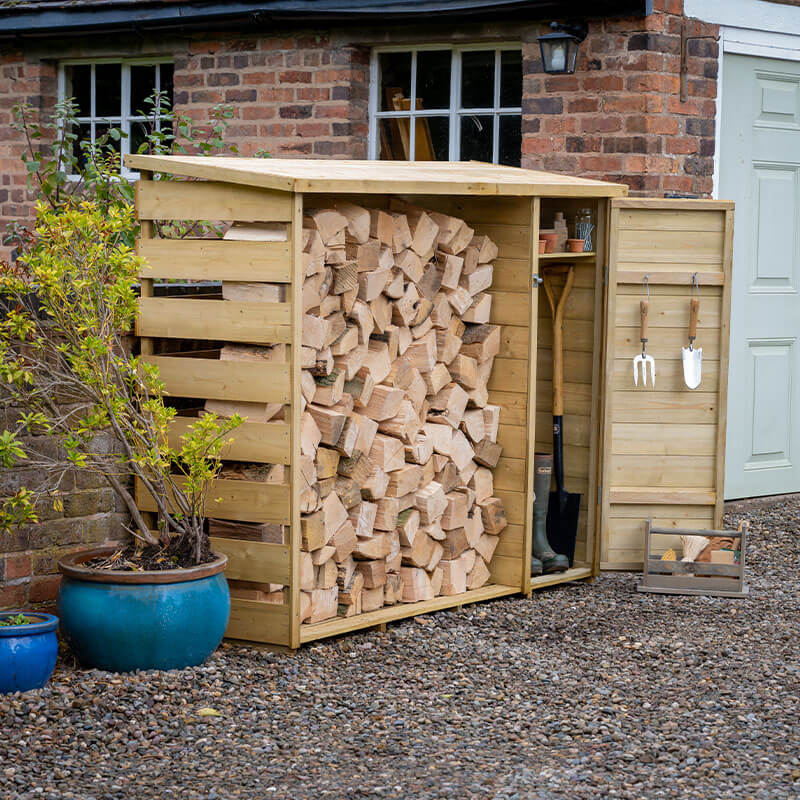 Product photograph of 6 5 X 2 3 Forest Pent Logstore With Tool Storage 2m X 0 7m from Buy Sheds Direct