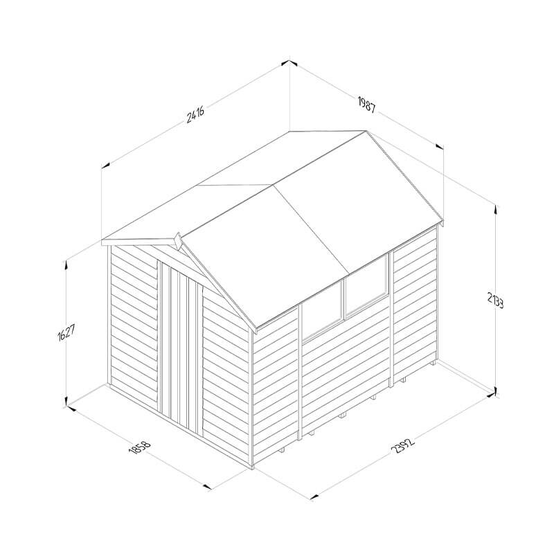 8' x 6' Forest 4Life 25yr Guarantee Overlap Pressure Treated Apex Wooden Shed (2.43m x 1.99m) Technical Drawing