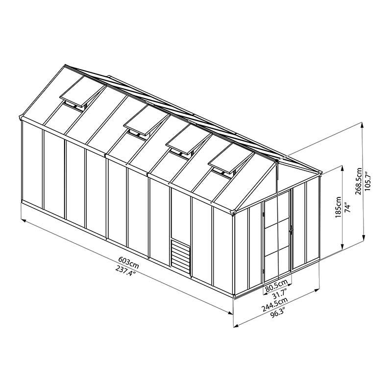 8'x20' Palram Canopia Glory Grey Large Polycarbonate Greenhouse (2.4x6m) Technical Drawing