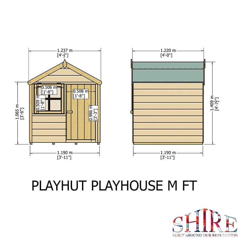 4' x 4' Shire Playhut Kids Wooden Playhouse (1.19m x 1.19m) Technical Drawing