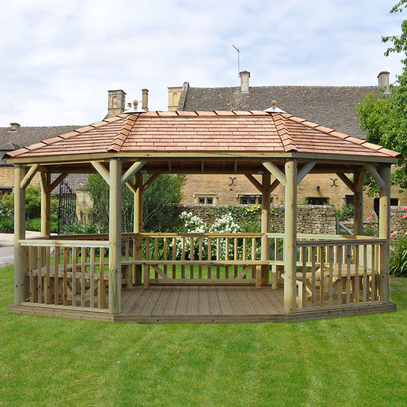 20'x15' (6x4.7m) Premium Oval Furnished Wooden Garden Gazebo with New England Cedar Roof - Seats up to 27 people