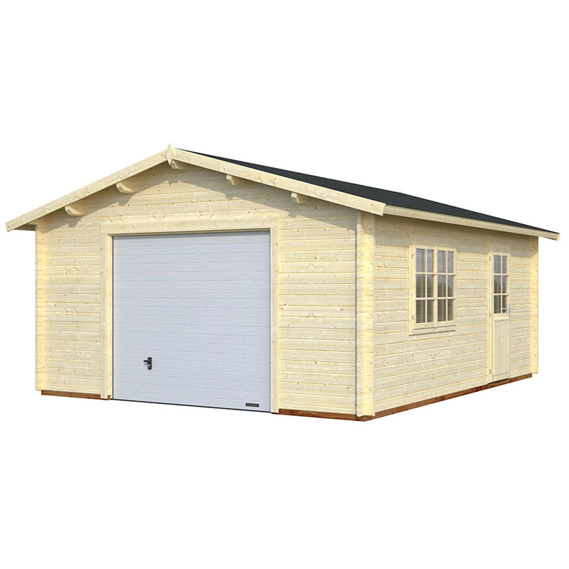 Product photograph of Palmako Roger 4 5m X 5 5m Extra Wide Log Cabin Single Garage 44mm - Up And Over Door from Buy Sheds Direct