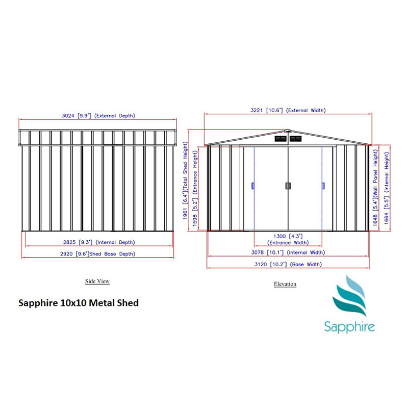 10' x 10' Sapphire Apex Green Metal Shed (3.22m x 3.02m) Technical Drawing