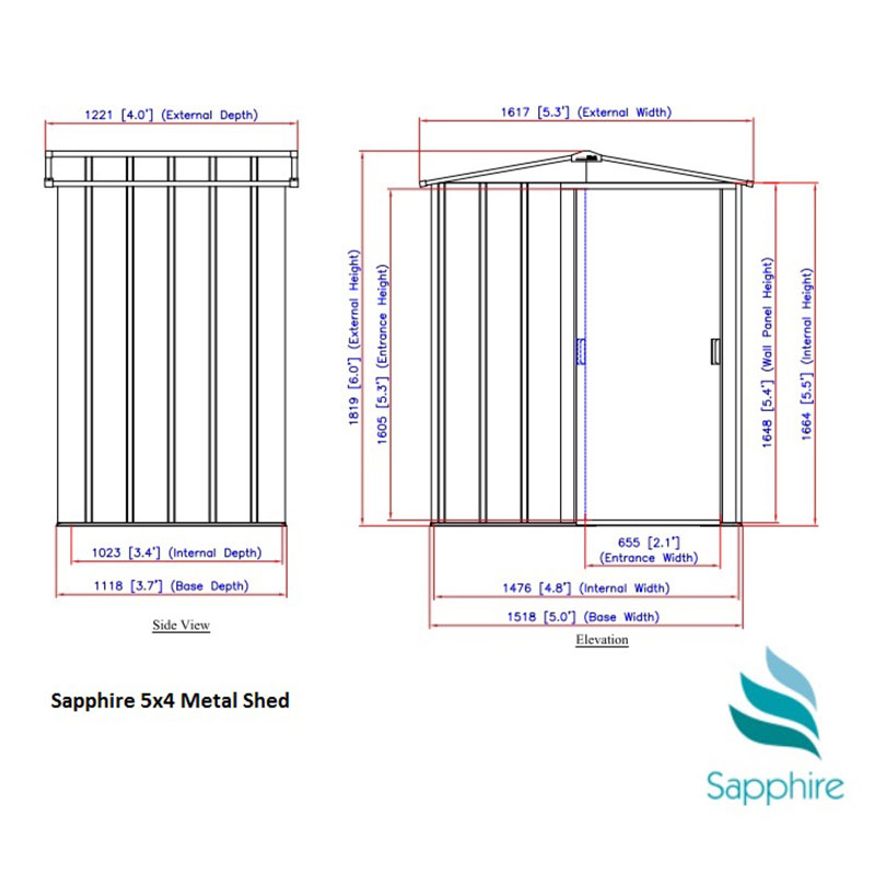 5' x 4' Sapphire Apex Green Metal Shed (1.62m x 1.22m) Technical Drawing