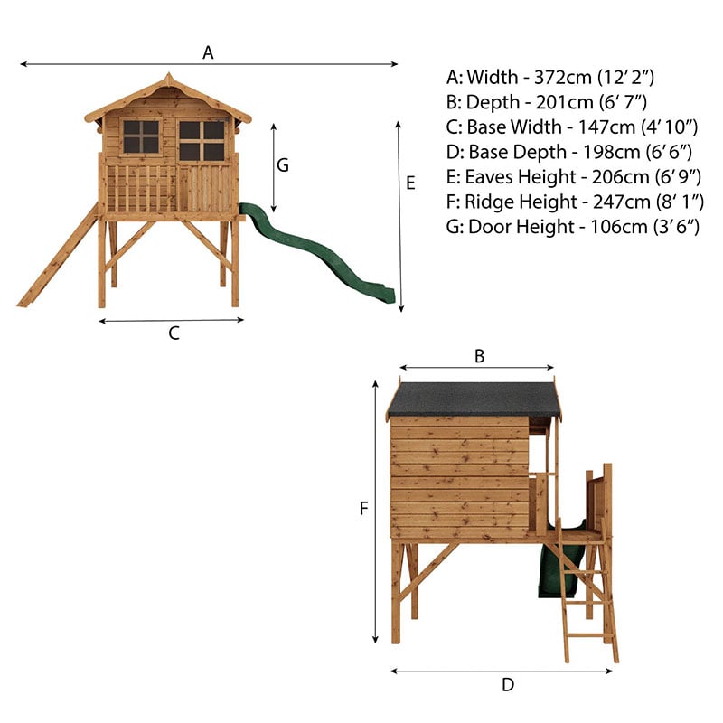 4'10 x 6'6 Mercia Poppy Kids Wooden Tower Playhouse with Slide (1.47m x 1.98m) Technical Drawing