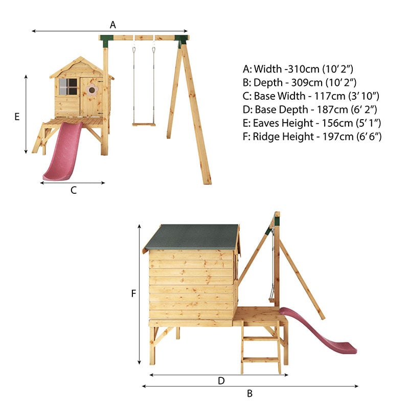 10 x 10 Mercia Snug Tower Kids Wooden Playhouse with Activity Set (3.1m x 3.1m) Technical Drawing