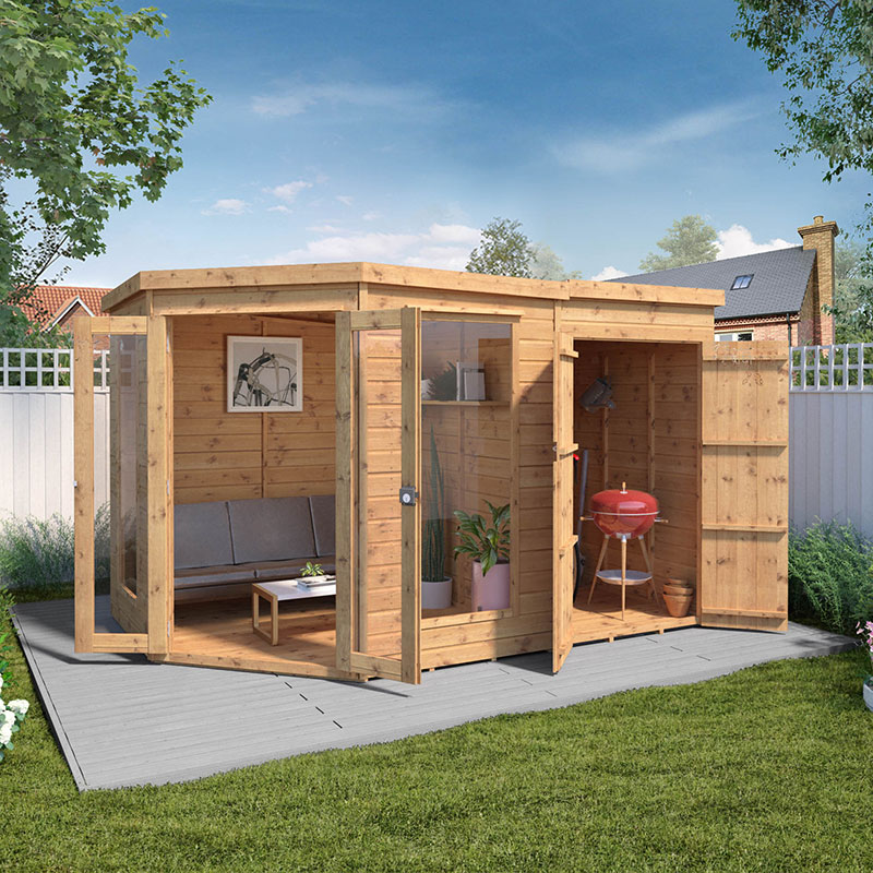 Product photograph of 11 X 7 Mercia Corner Shiplap Wooden Garden Summerhouse With Side Shed 3 2m X 2 1m from Buy Sheds Direct