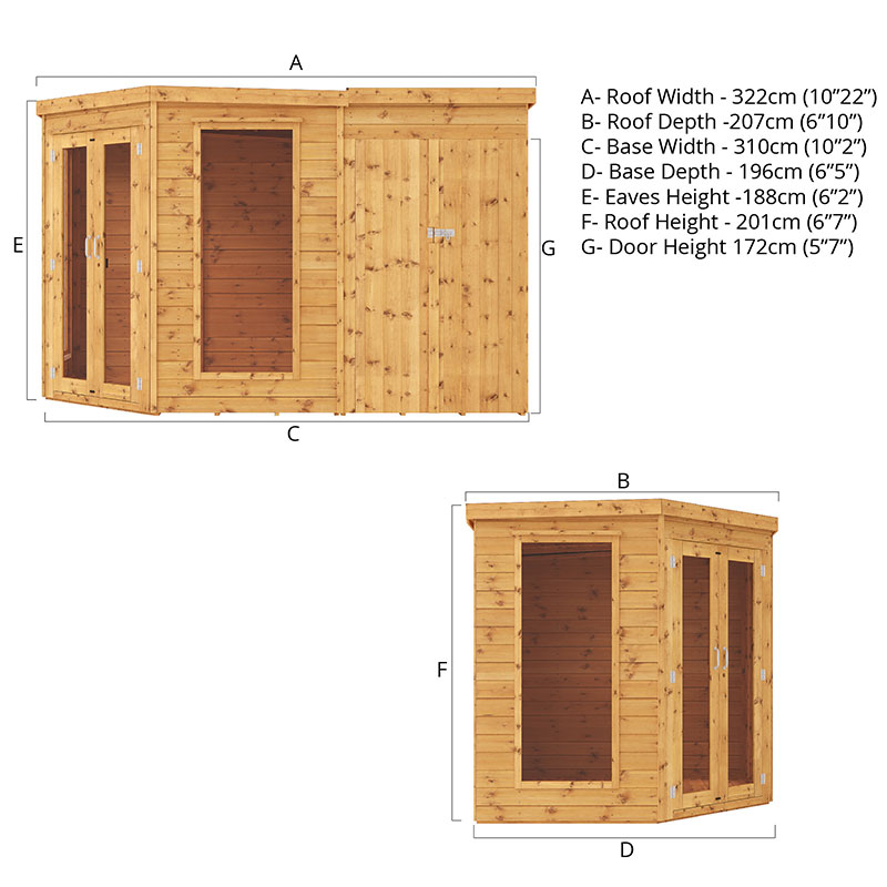 11' x 7' Mercia Corner Shiplap Wooden Garden Summerhouse with Side Shed (3.2m x 2.1m) Technical Drawing