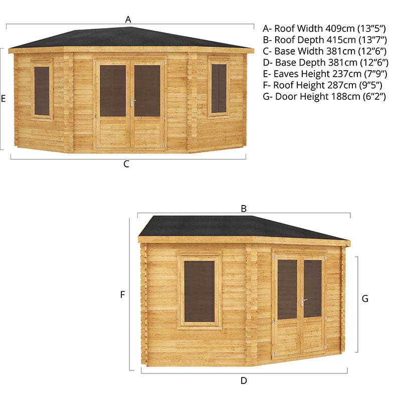 Mercia 4m x 4m Corner Log Cabin (28mm) - Double Glazed Technical Drawing