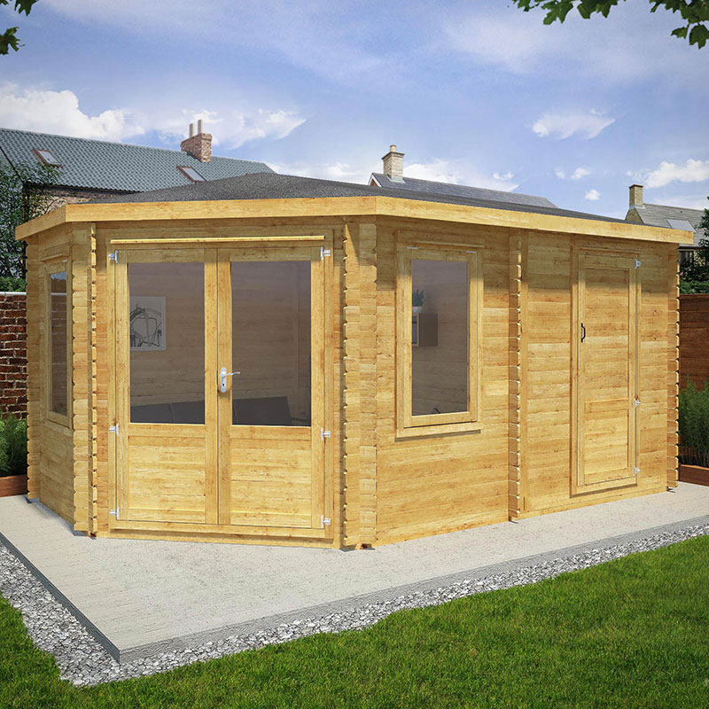 Product photograph of Mercia 5m X 3m Corner Log Cabin Plus Side Shed 34mm Double Glazed from Buy Sheds Direct