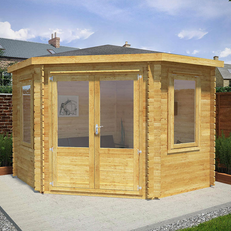 Product photograph of Mercia 3m X 3m Corner Log Cabin 44mm - Double Glazed from Buy Sheds Direct