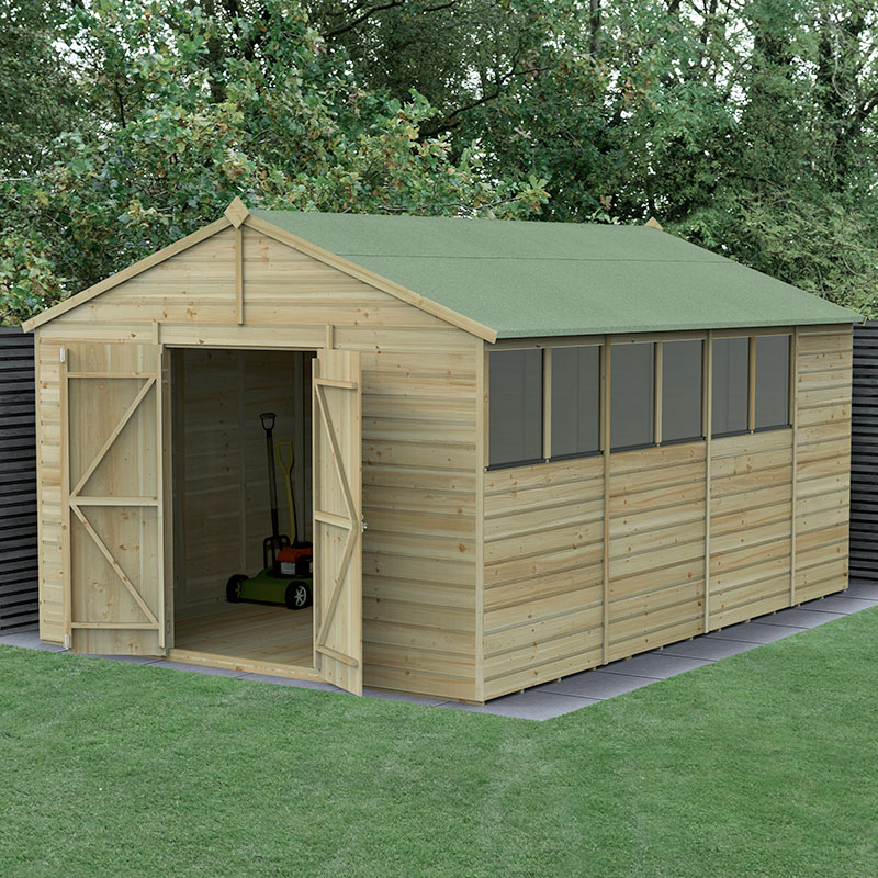 Product photograph of 15 X 10 Forest Beckwood 25yr Guarantee Shiplap Pressure Treated Double Door Apex Wooden Shed 4 48m X 3 21m from Buy Sheds Direct