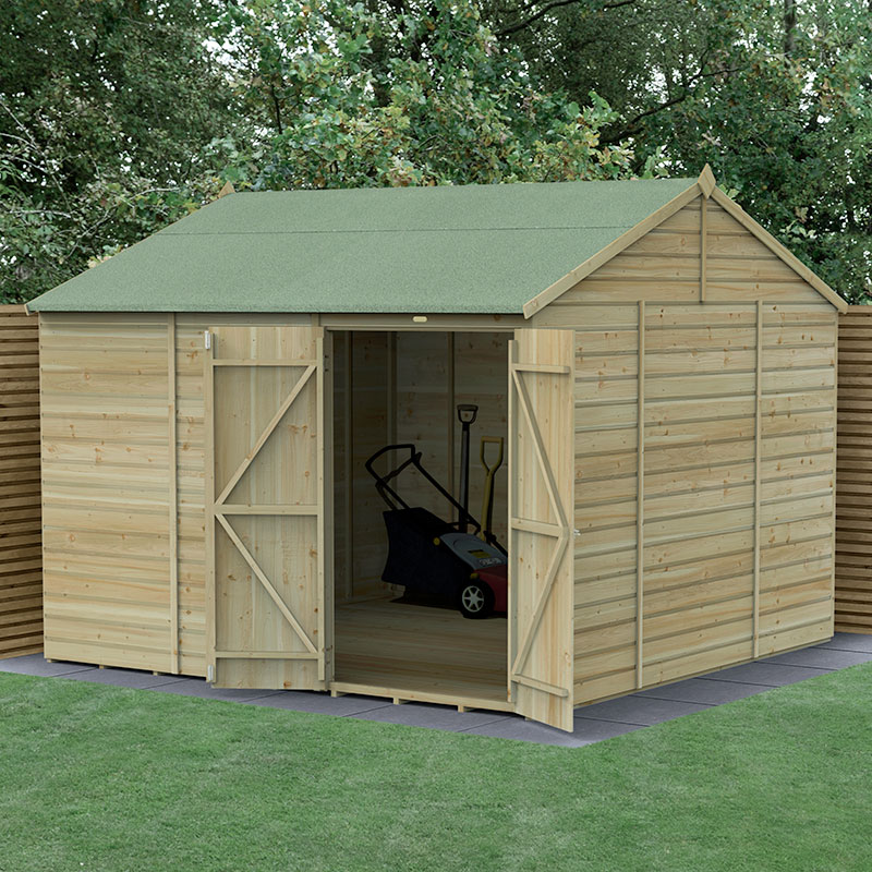 Product photograph of 10 X 10 Forest Beckwood 25yr Guarantee Shiplap Pressure Treated Windowless Double Door Reverse Apex Wooden Shed 3 21m X 3 01m from Buy Sheds Direct