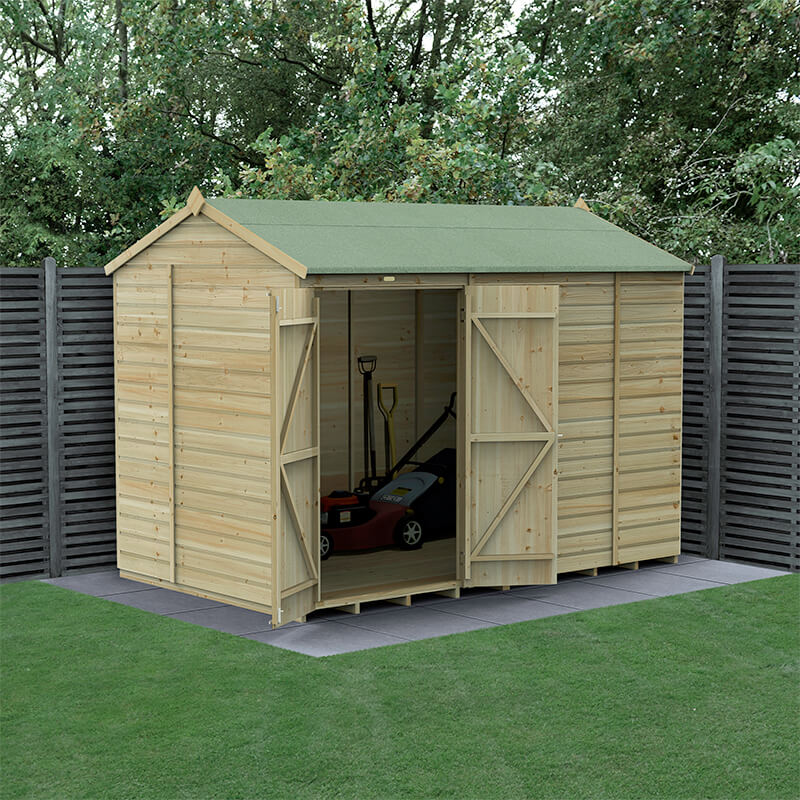 Product photograph of 10 X 6 Forest Beckwood 25yr Guarantee Shiplap Pressure Treated Windowless Double Door Reverse Apex Wooden Shed 3 01m X 1 99m from Buy Sheds Direct