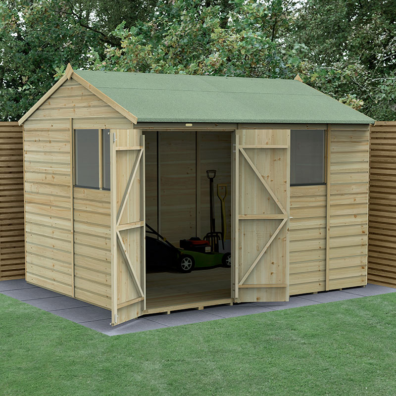 Product photograph of 10 X 8 Forest Beckwood 25yr Guarantee Shiplap Pressure Treated Double Door Reverse Apex Wooden Shed 3 01m X 2 61m from Buy Sheds Direct