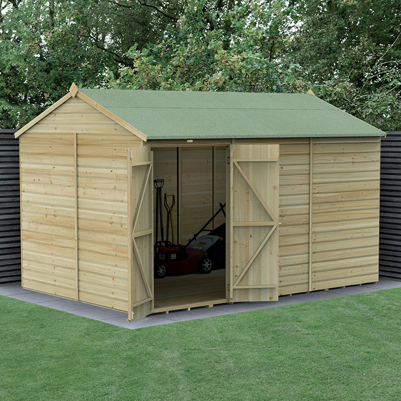 Product photograph of 12 X 8 Forest Beckwood 25yr Guarantee Shiplap Pressure Treated Windowless Double Door Reverse Apex Wooden Shed 3 6m X 2 61m from Buy Sheds Direct