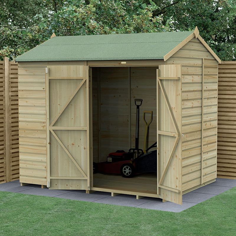 Product photograph of 8 X 6 Forest Beckwood 25yr Guarantee Shiplap Pressure Treated Windowless Double Door Reverse Apex Wooden Shed 2 42m X 1 99m from Buy Sheds Direct
