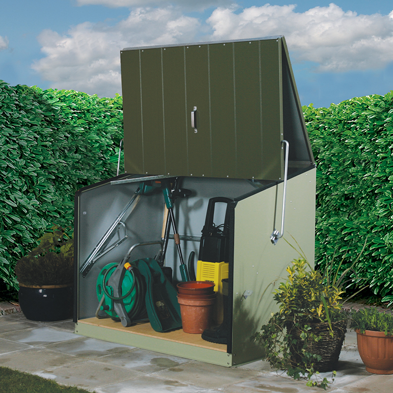 Product photograph of 4 6 X 2 11 1 38x0 89m Trimetals Green Stowaway Garden Metal Storage Unit from Buy Sheds Direct