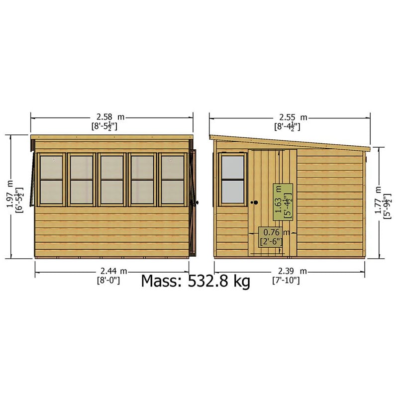 8' x 8' Shire Sun Pent Wooden Garden Potting Shed (2.58m x2.55m) Technical Drawing