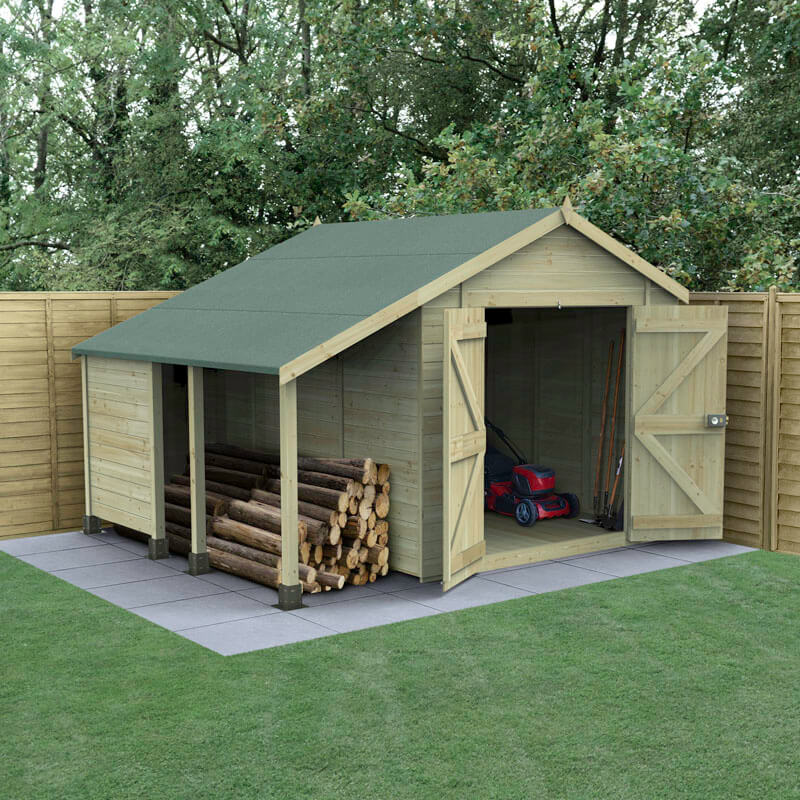 Product photograph of 10 X 8 Forest Timberdale 25yr Guarantee Tongue Groove Pressure Treated Windowless Double Door Apex Shed With Logstore 3 07m X 2 36m from Buy Sheds Direct