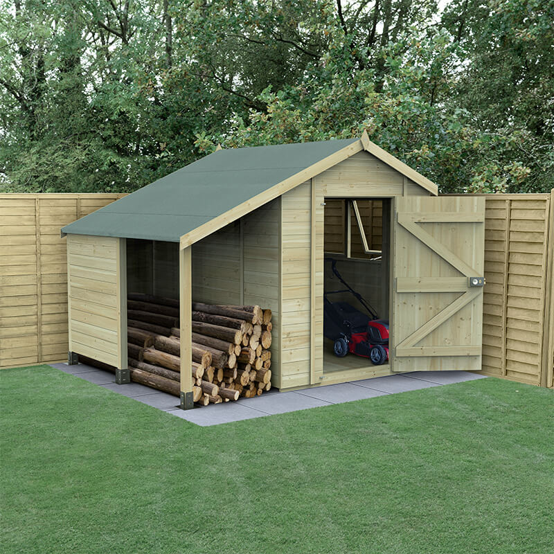 Product photograph of 8 X 6 Forest Timberdale 25yr Guarantee Tongue Groove Pressure Treated Apex Shed With Logstore 2 5m X 1 83m from Buy Sheds Direct