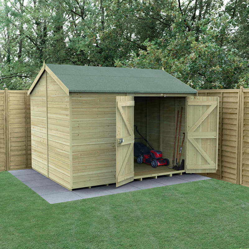 10' x 8' Forest Timberdale 25yr Guarantee Tongue & Groove Pressure Treated Windowless Double Door Reverse Apex Shed (3.06m x 2.52m)