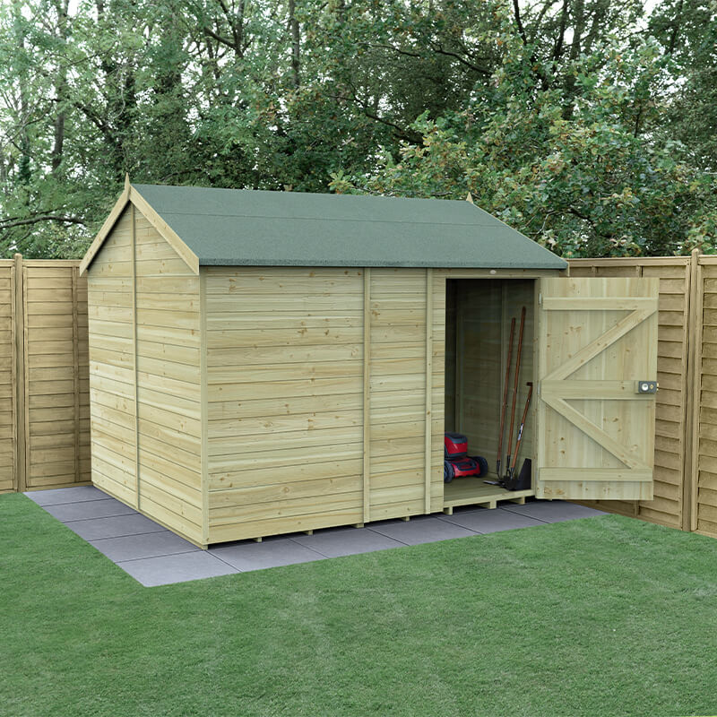 Product photograph of 10 X 8 Forest Timberdale 25yr Guarantee Tongue Groove Pressure Treated Windowless Reverse Apex Shed 3 06m X 2 52m from Buy Sheds Direct