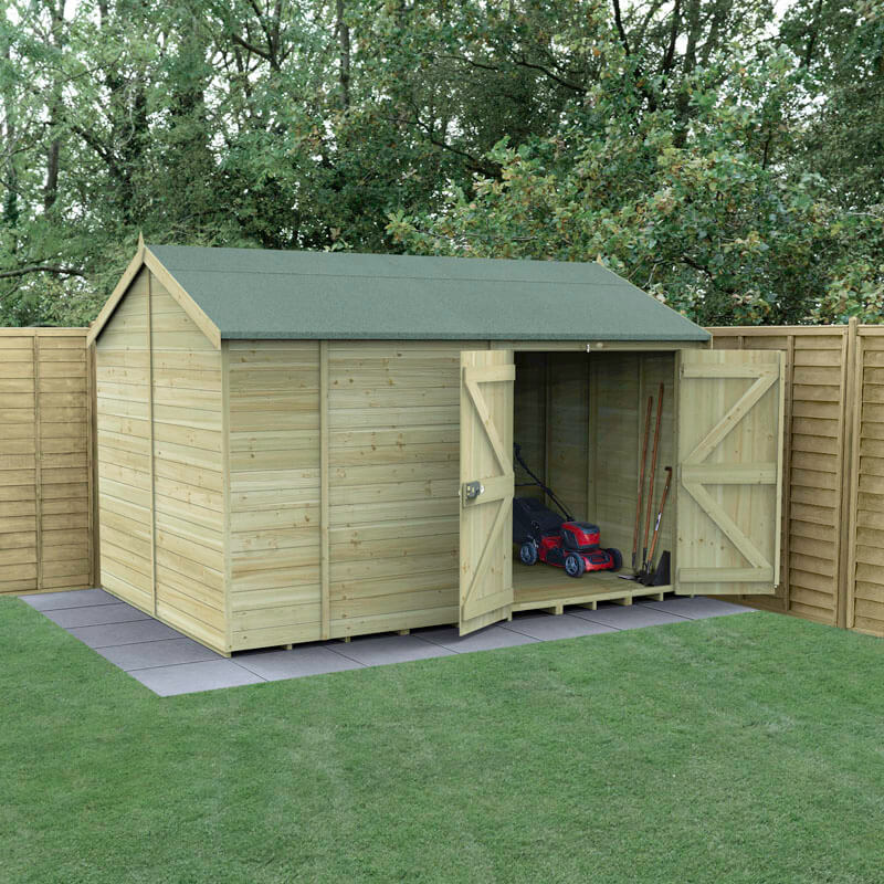 Product photograph of 12 X 8 Forest Timberdale 25yr Guarantee Tongue Groove Pressure Treated Windowless Double Door Reverse Apex Shed 3 65m X 2 52m from Buy Sheds Direct