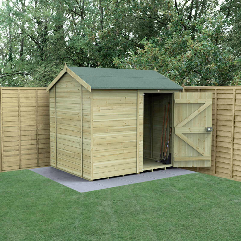 Product photograph of 8 X 6 Forest Timberdale 25yr Guarantee Tongue Groove Pressure Treated Windowless Reverse Apex Shed 2 47m X 1 98m from Buy Sheds Direct