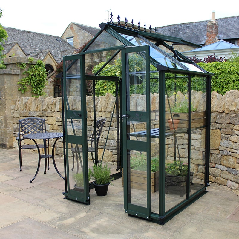 Product photograph of 4 X 4 Halls Cotswold Birdlip Small Greenhouse In Green With Toughened Glass 1 47m X 1 32m from Buy Sheds Direct