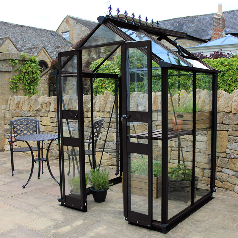Product photograph of 4 X 4 Halls Cotswold Birdlip Small Greenhouse In Black With Toughened Glass 1 47m X 1 32m from Buy Sheds Direct