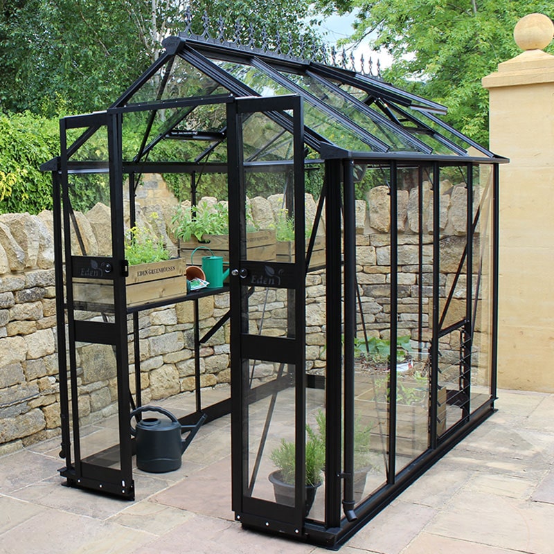 Product photograph of 4 X 8 Halls Cotswold Birdlip Small Greenhouse In Black With Toughened Glass 1 47m X 2 56m from Buy Sheds Direct