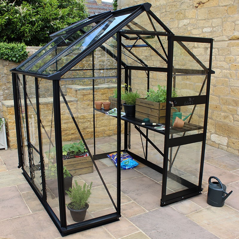 Product photograph of 6 X 6 Halls Cotswold Burford Small Greenhouse In Black With Toughened Glass 1 94m X 1 94m from Buy Sheds Direct