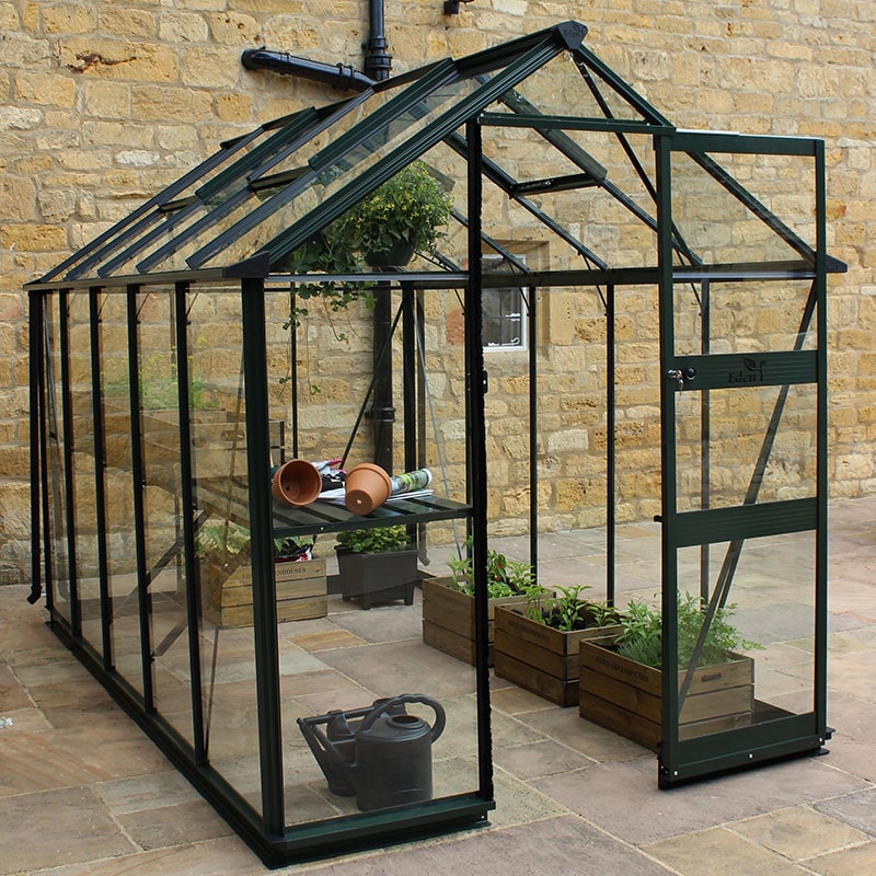 Product photograph of 6 X 8 Halls Cotswold Burford Small Greenhouse In Black With Toughened Glass 1 94m X 2 56m from Buy Sheds Direct