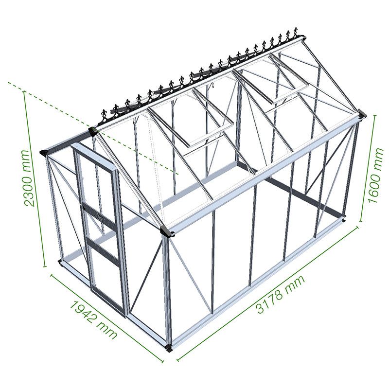 6' x 10' Halls Cotswold Burford Small Greenhouse in Black with Toughened Glass (1.94m x 3.17m) Technical Drawing