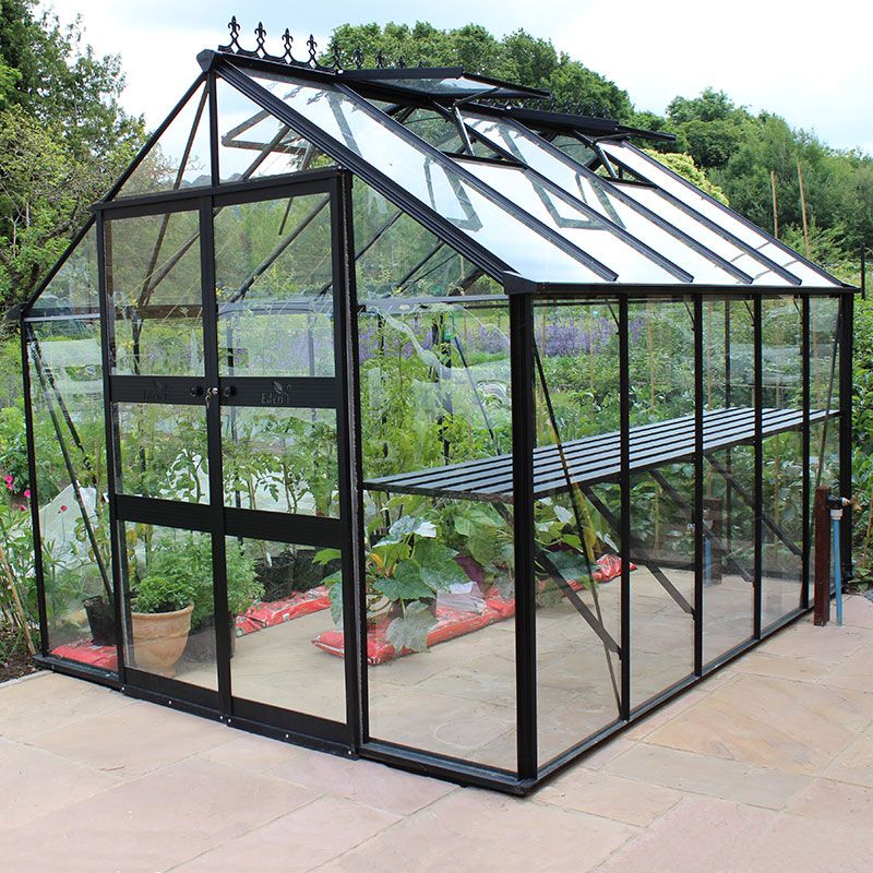 Product photograph of 8 X 10 Halls Cotswold Blockley Greenhouse In Black With Toughened Glass 2 56m X 3 17m from Buy Sheds Direct