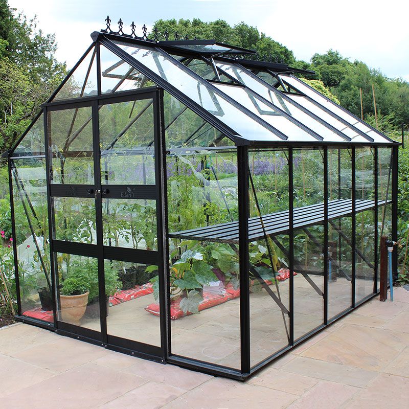 Product photograph of 8 X 12 Halls Cotswold Blockley Greenhouse In Black With Toughened Glass 2 56m X 3 79m from Buy Sheds Direct