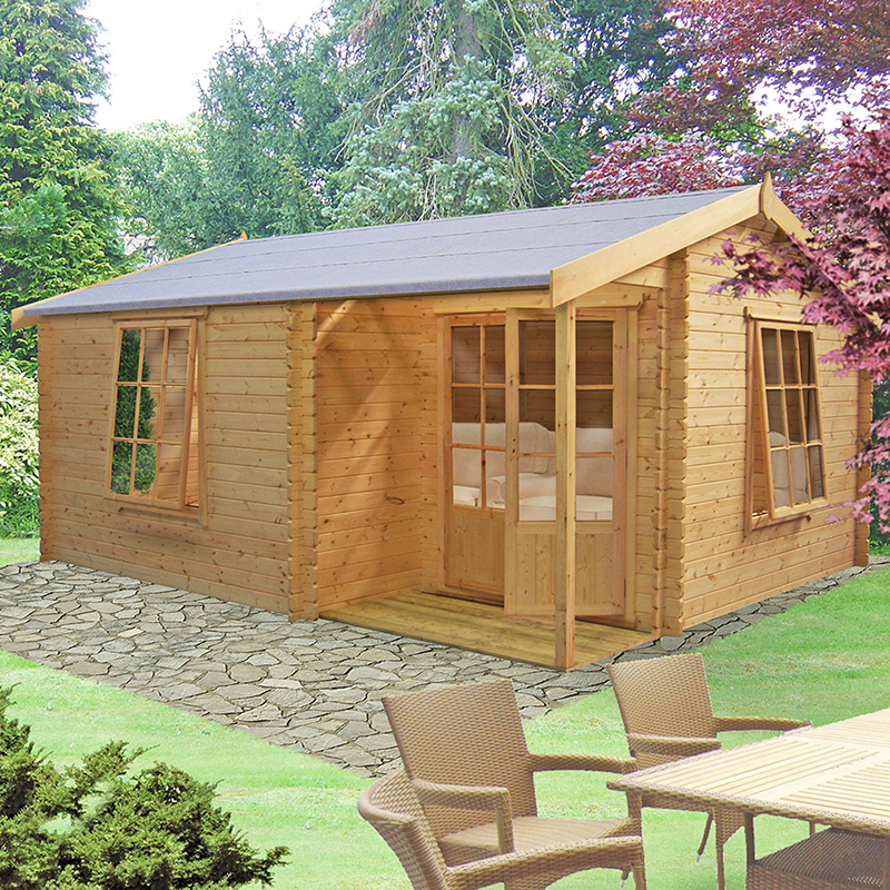 a large wooden garden log cabin with veranda