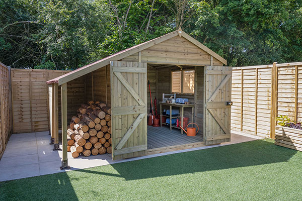 10 x 8 Forest Premium Tongue & Groove Pressure Treated Double Door Apex Shed with Logstore