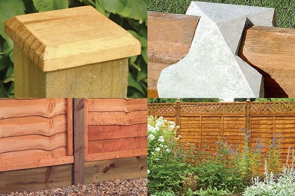 a montage of fence accessories, showing a post cap, fence post, gravel board and fence topper