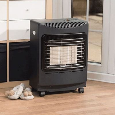 A black gas cabinet heater in the corner of a room