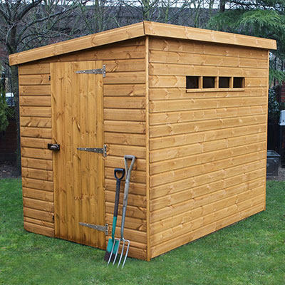 A wooden security shed with a pent roof