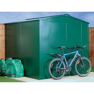 A green metal security shed, with a bike propped against the door