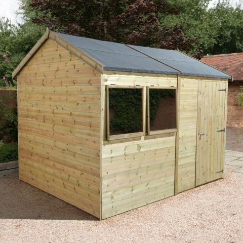 a reverse apex shed with two windows and single door - a superb teenage garden den